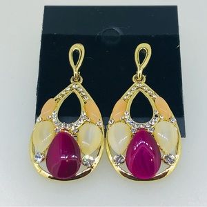 Gold Multi Color Tear Drop Earrings, Ivory/Peach/Red